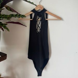 Cross cross open front halter bodysuit